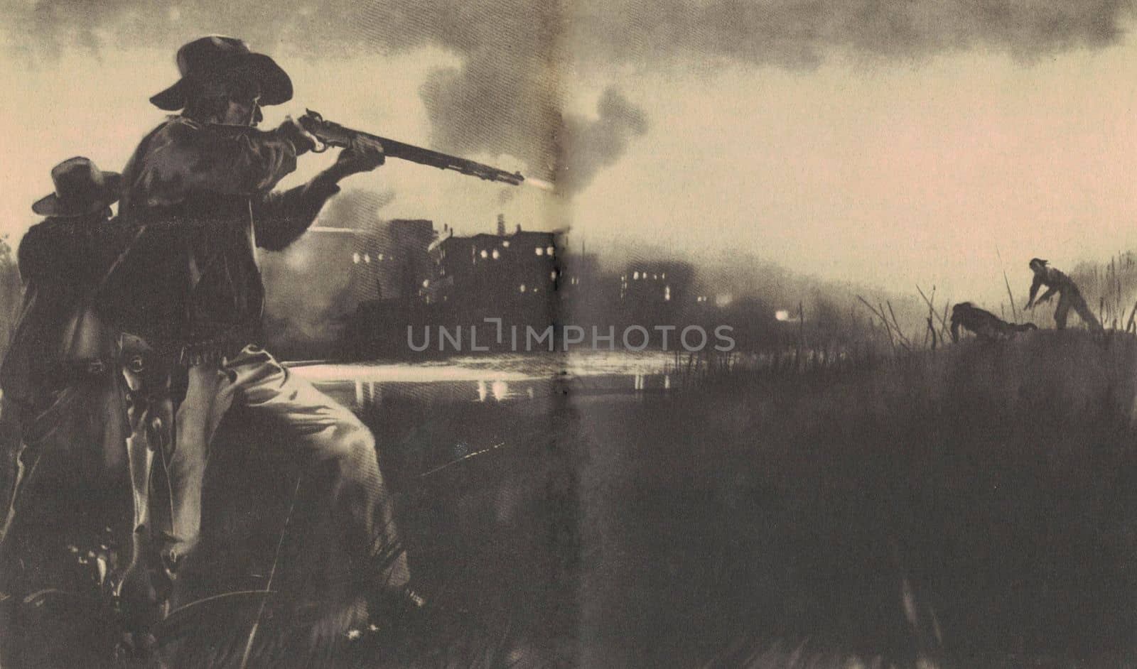 Black and white illustration shows a man firing a rifle. Drawing shows life in the Old West. Vintage black and white picture shows adventure life in the previous century.