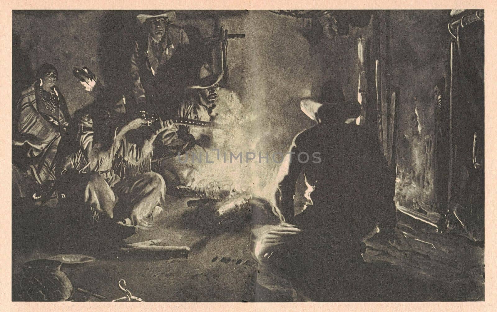 Black and white illustration shows the American Indian and the white men by the fire. Drawing shows life in the Old West. Vintage black and white picture shows adventure life in the previous century by roman_nerud