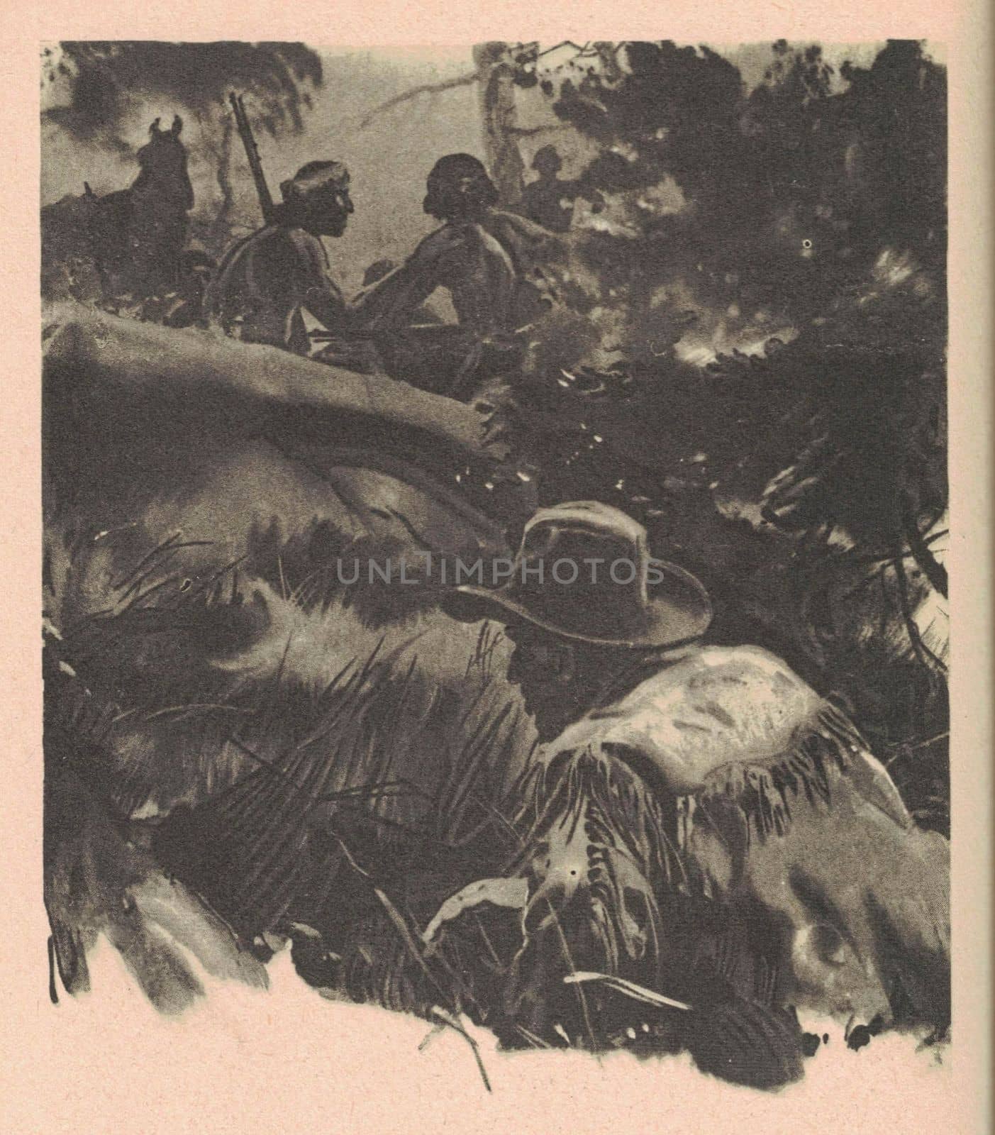 Black and white illustration shows a hidden man spying on American Indians. Drawing shows life in the Wild West. Vintage black and white picture shows adventure life in the previous century.