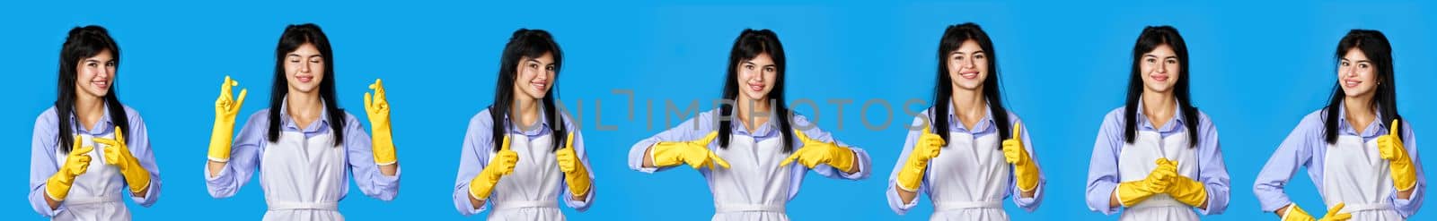 set of beautiful woman in yellow rubber gloves and cleaner apron showing different gesture isolated on blue background. cleaning