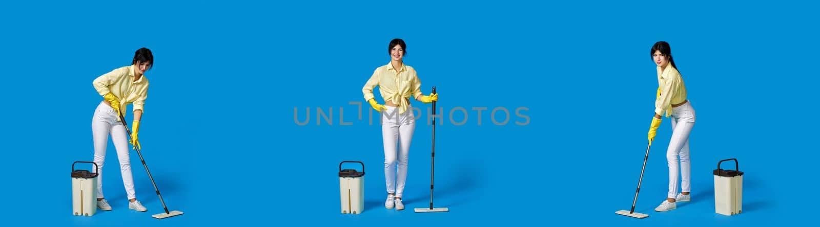 collage of cleaner woman in rubber gloves washing floor with mop on blue background. Full length