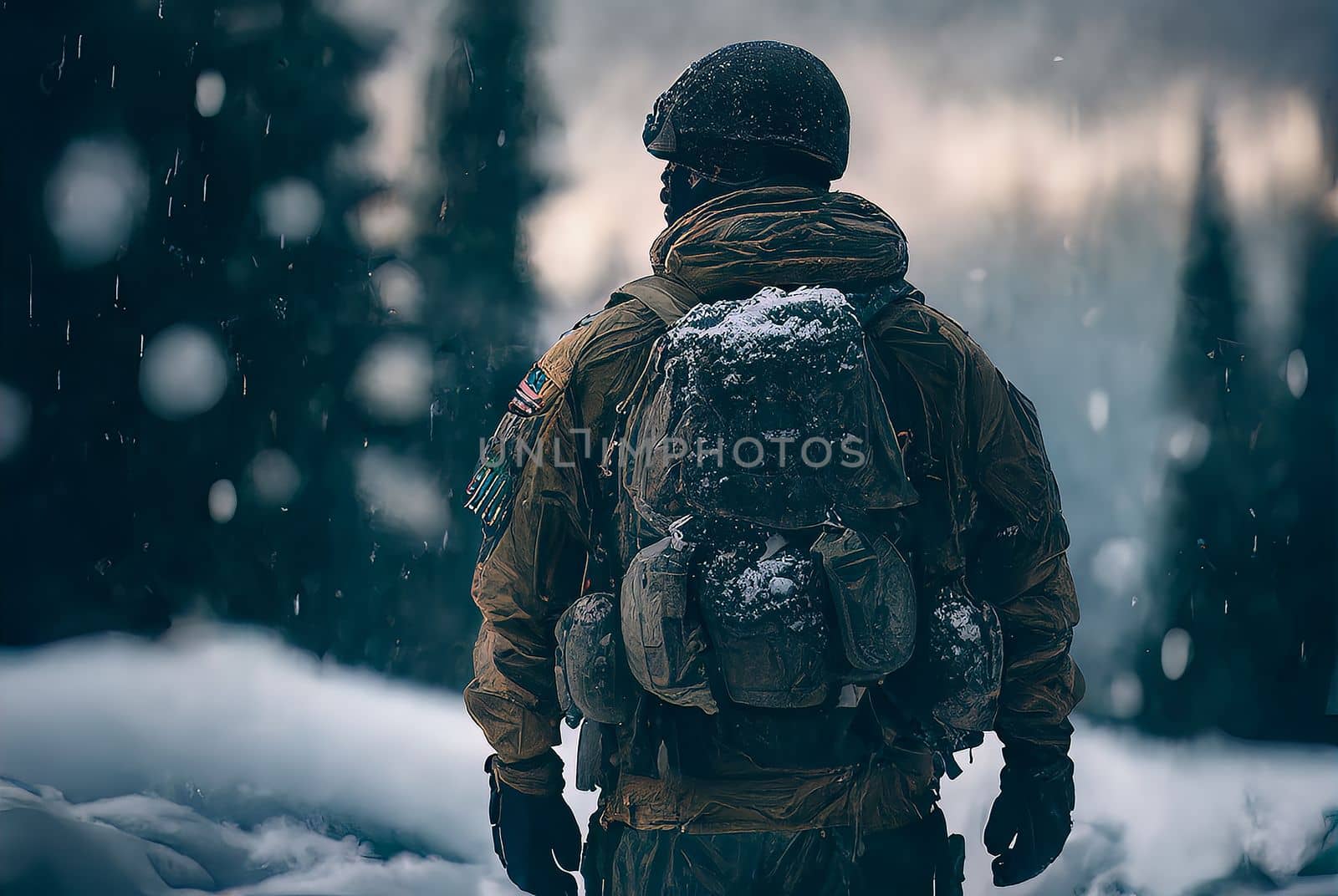 Alone soldier, standing in a helmet and with a backpack, against the backdrop of a winter lanscape in the snowfall. Rear view. Close up. Copy space. Ai generative