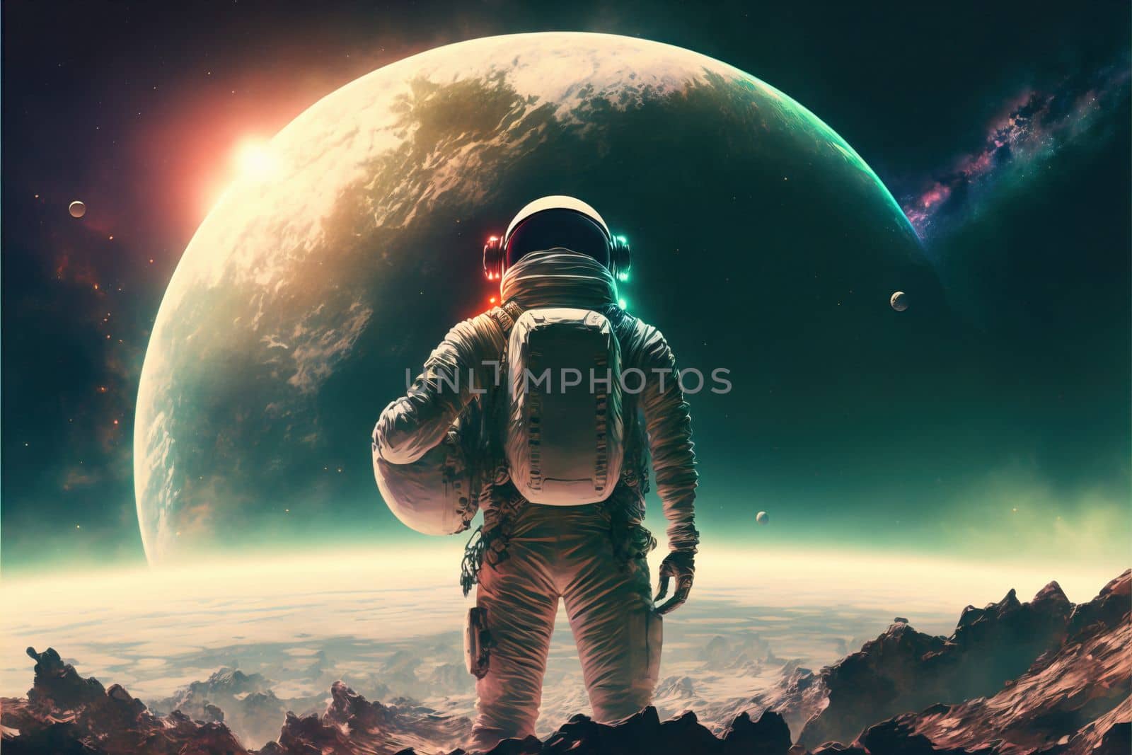 Illustration of Astronaut on Planet Watching on moon with sunrise. Future First Manned Mission To planet, Technological Advance Brings Space Exploration, Colonization. download image