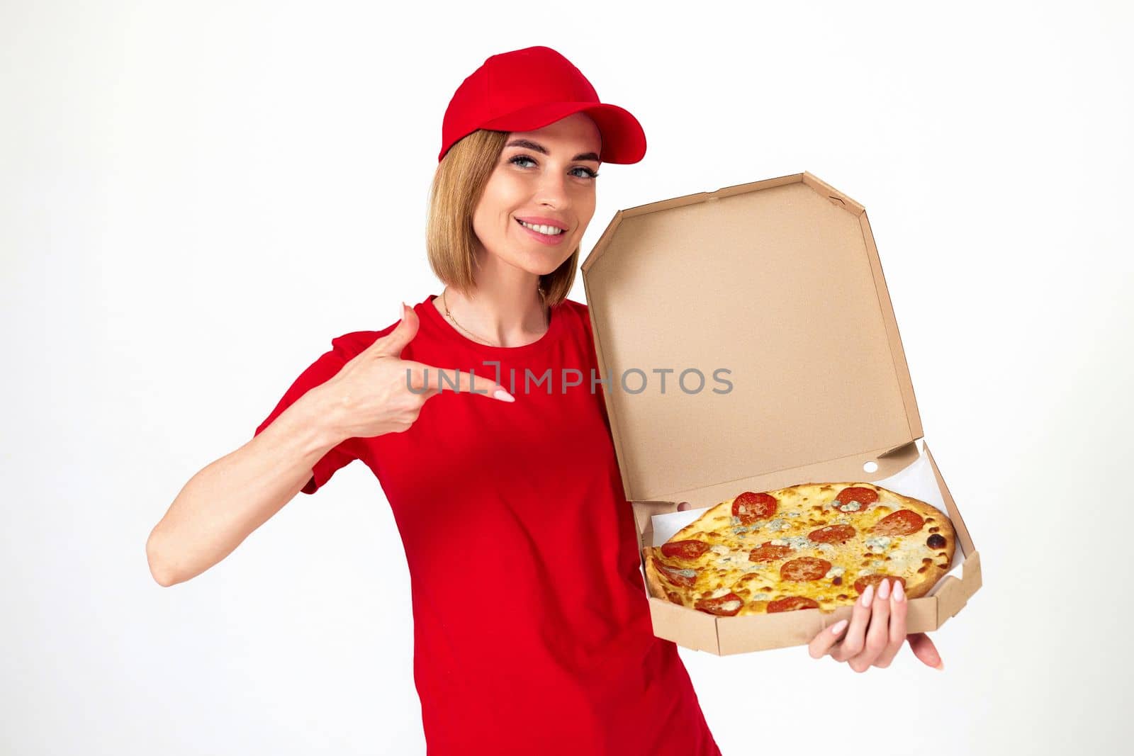 pizza delivery girl pointing finger to pizza isolated on white background