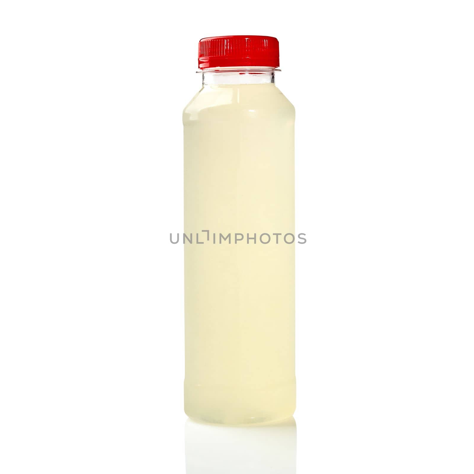 Plastic bottle with red cap of sweet and sour ginger lemonade with slight spicy bitterness isolated on white background. Traditional Japanese drink for sushi rolls. Popular food accompaniment concept