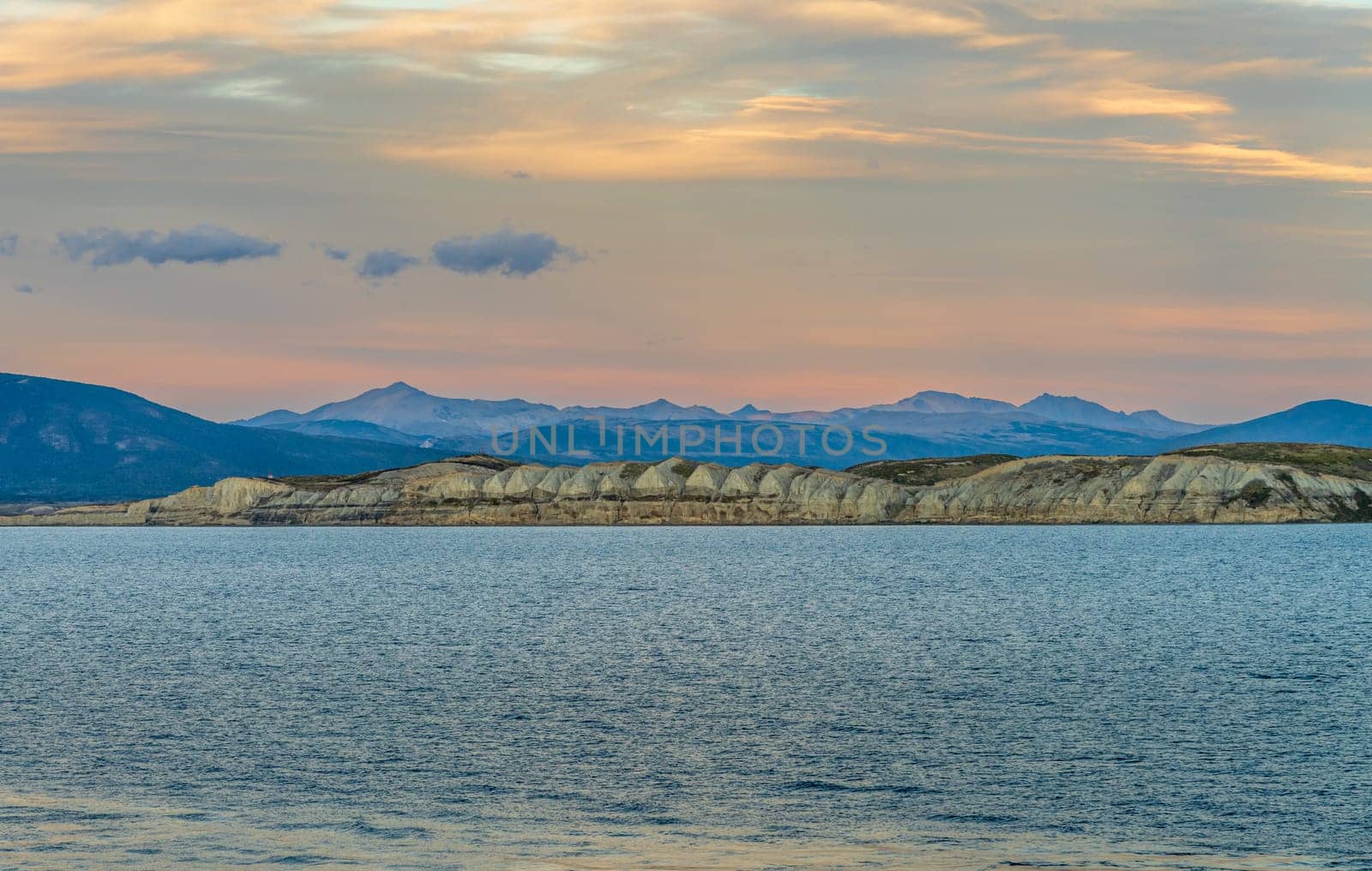 Ridged triangular valleys leading to the Beagle Channel near Puerto Williams in Chile at sunset