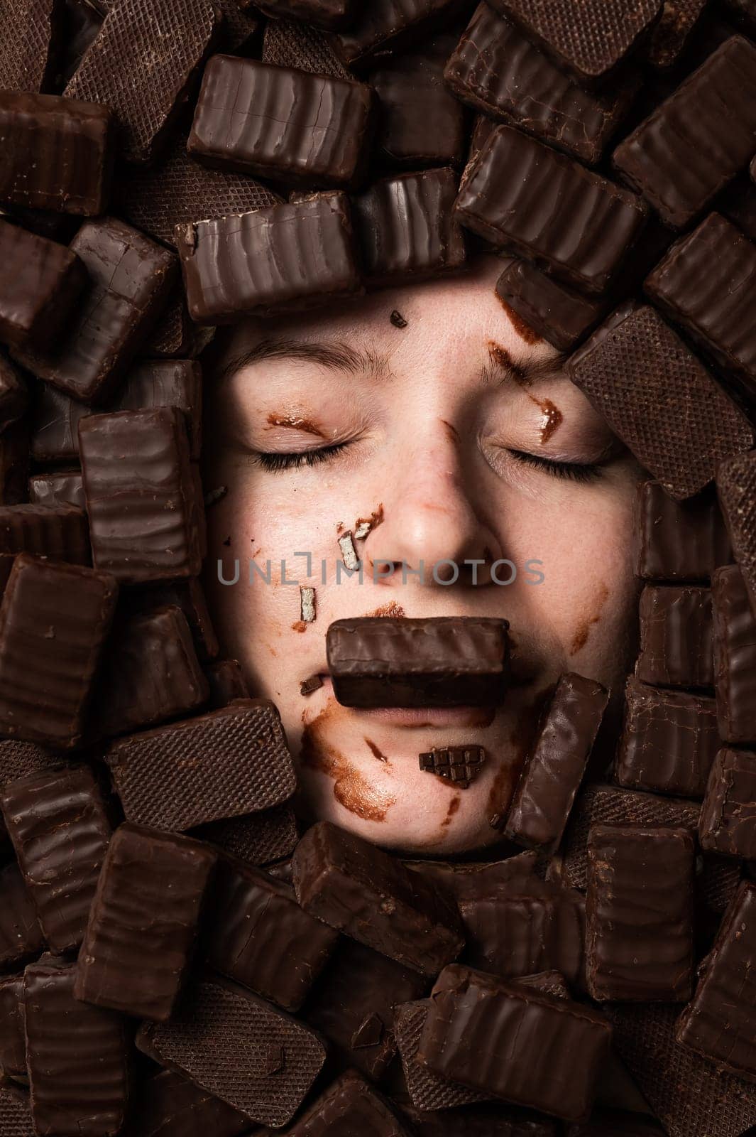 The face of a caucasian woman surrounded by sweets. The girl is smeared in sweets. by mrwed54