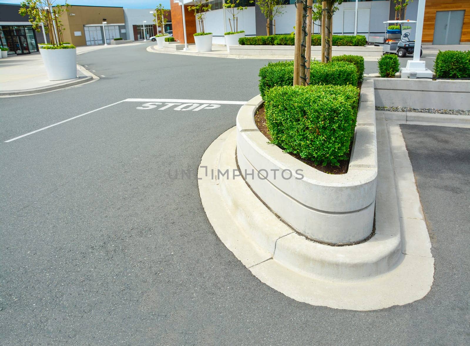 Architectural flowerbed on city street. Decorative road space divider.