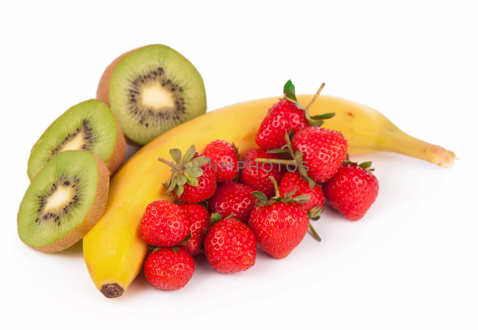 Bananas, kiwi and strawberry lose up isolated on a white background by aprilphoto
