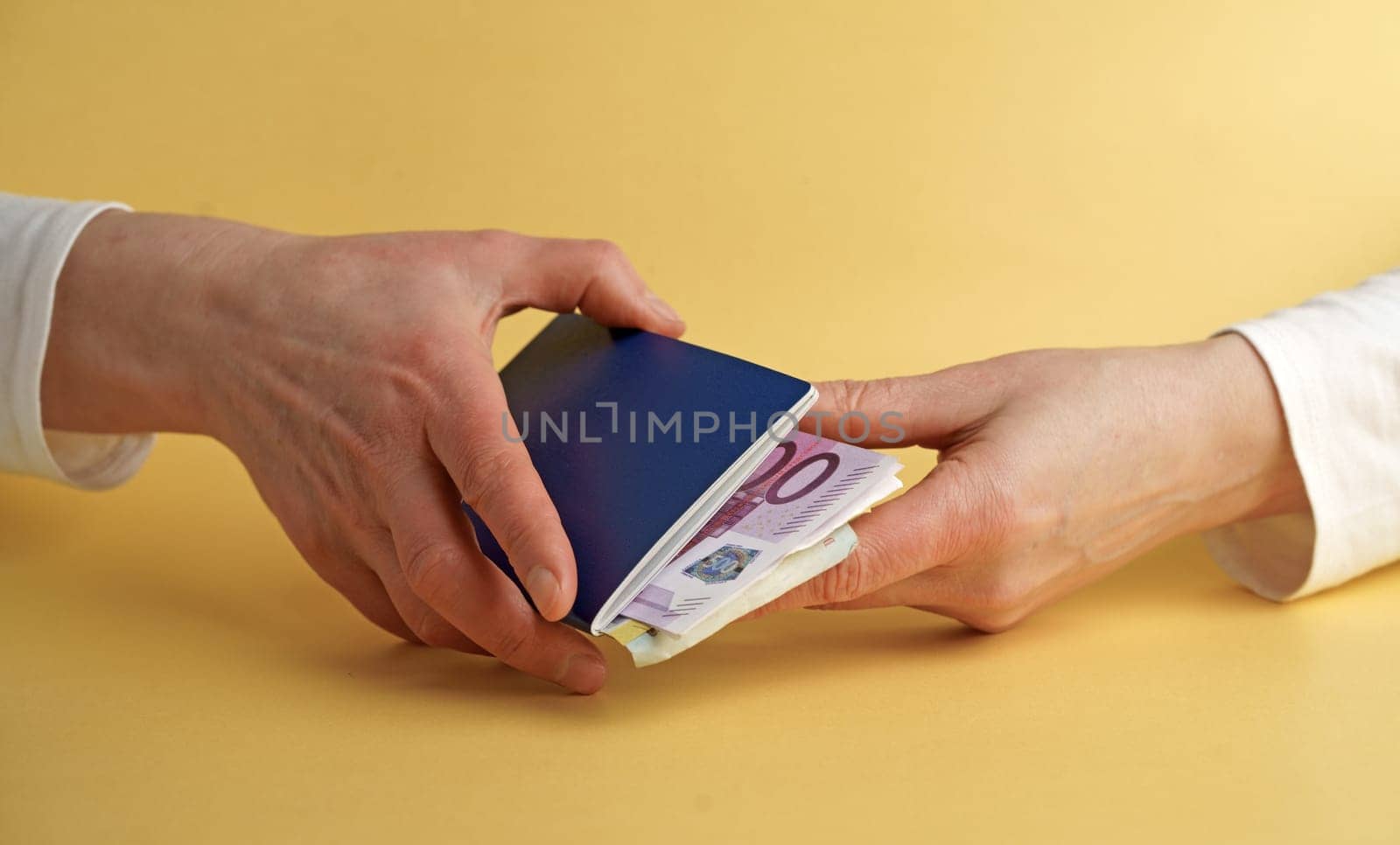 female hand holding a passport with Euro banknotes.