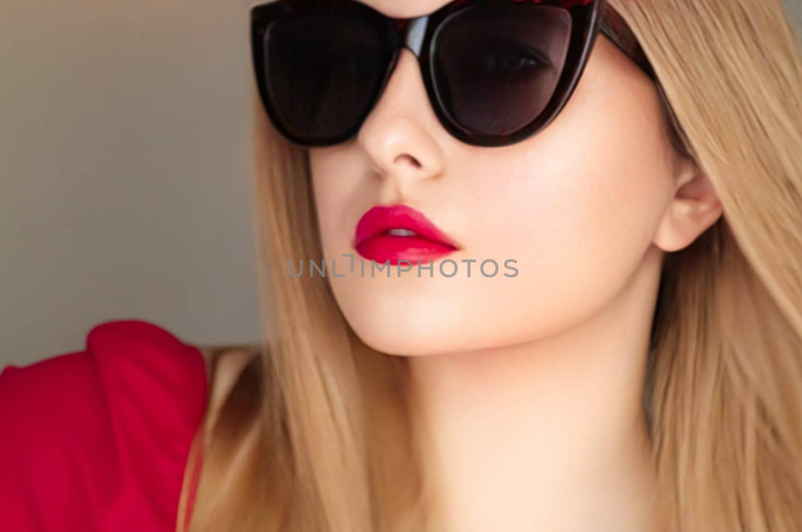 Beauty, fashion and style, face portrait of beautiful woman wearing stylish cat eye sunglasses and red lipstick make-up, luxury accessory and summer lifestyle, glamour and chic look by Anneleven