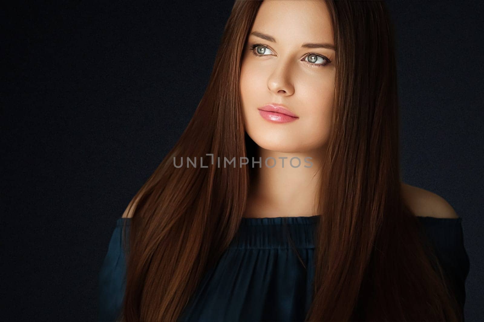 Beauty, makeup and skincare, face portrait of beautiful woman with long hairstyle on black background for luxury cosmetics, wellness or glamour fashion look