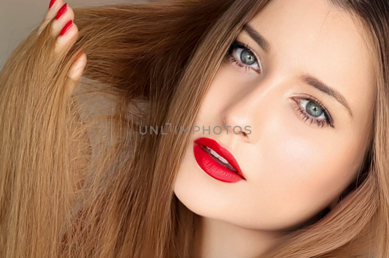 Hairstyle, beauty and hair care, beautiful woman with long healthy hair, model wearing matte red lipstick makeup, glamour portrait for hair salon and haircare.