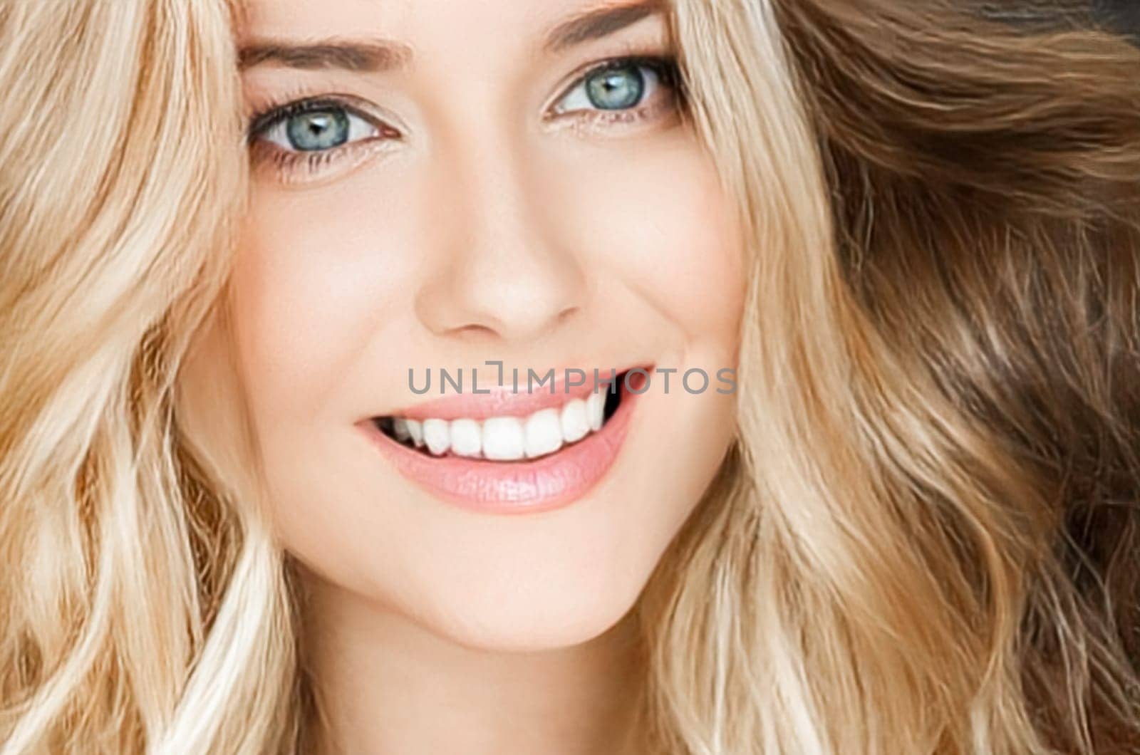 Beautiful blonde woman smiling, white teeth smile.