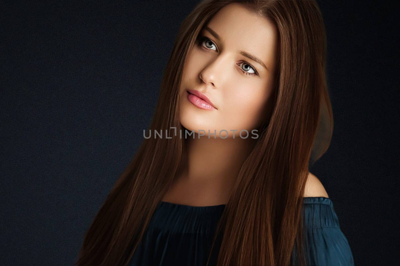 Beauty, makeup and skincare, face portrait of beautiful woman with long hairstyle on black background for luxury cosmetics, wellness or glamour fashion by Anneleven