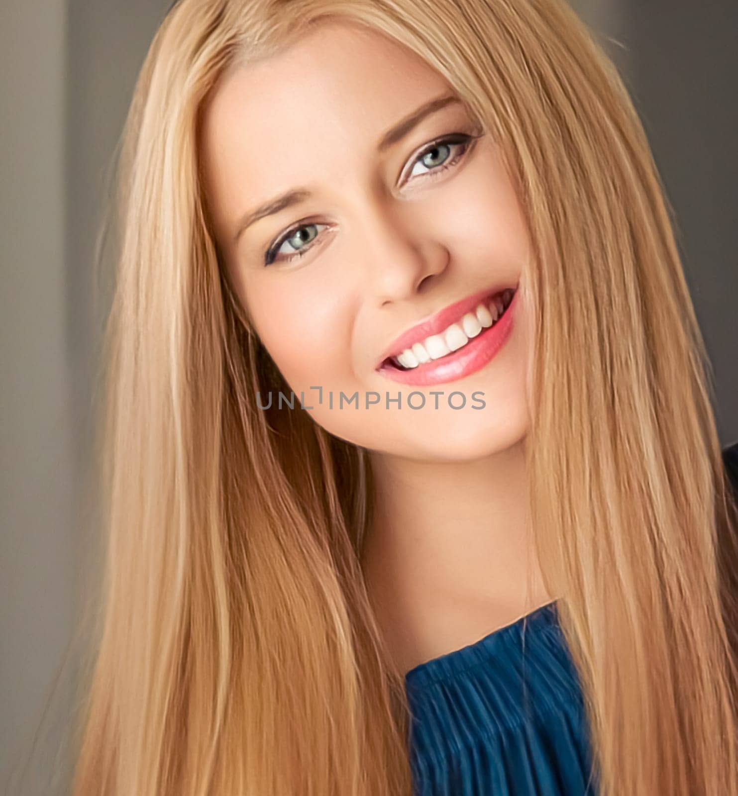 Beauty and femininity, beautiful blonde woman with long blond hair smiling, natural portrait by Anneleven