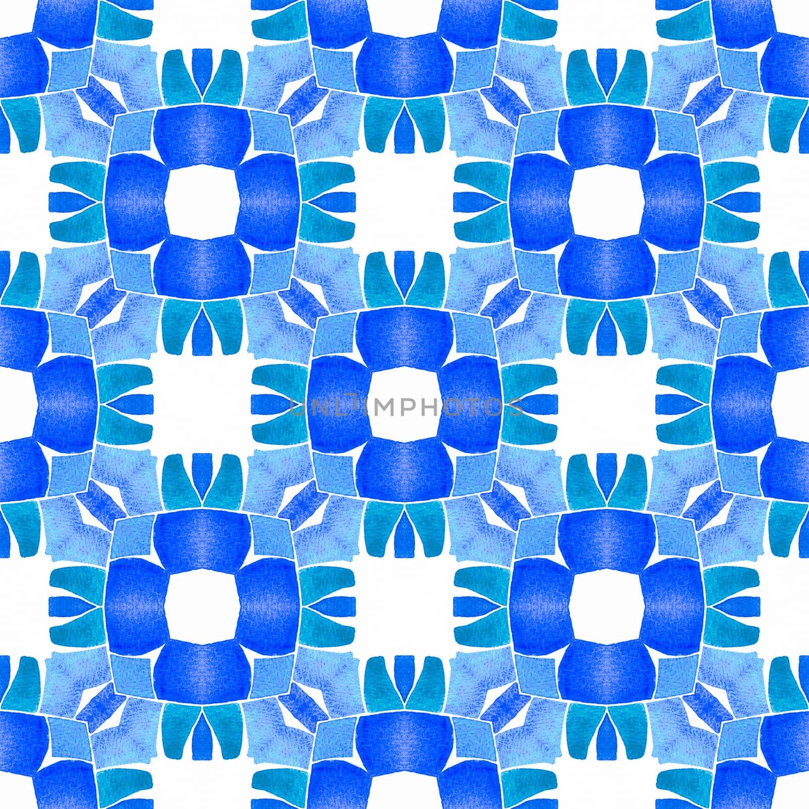 Hand painted tiled watercolor border. Blue curious boho chic summer design. Textile ready bizarre print, swimwear fabric, wallpaper, wrapping. Tiled watercolor background.