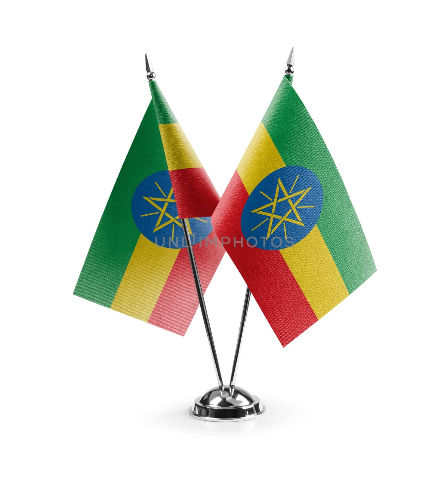 Small national flags of the Ethiopia on a white background.