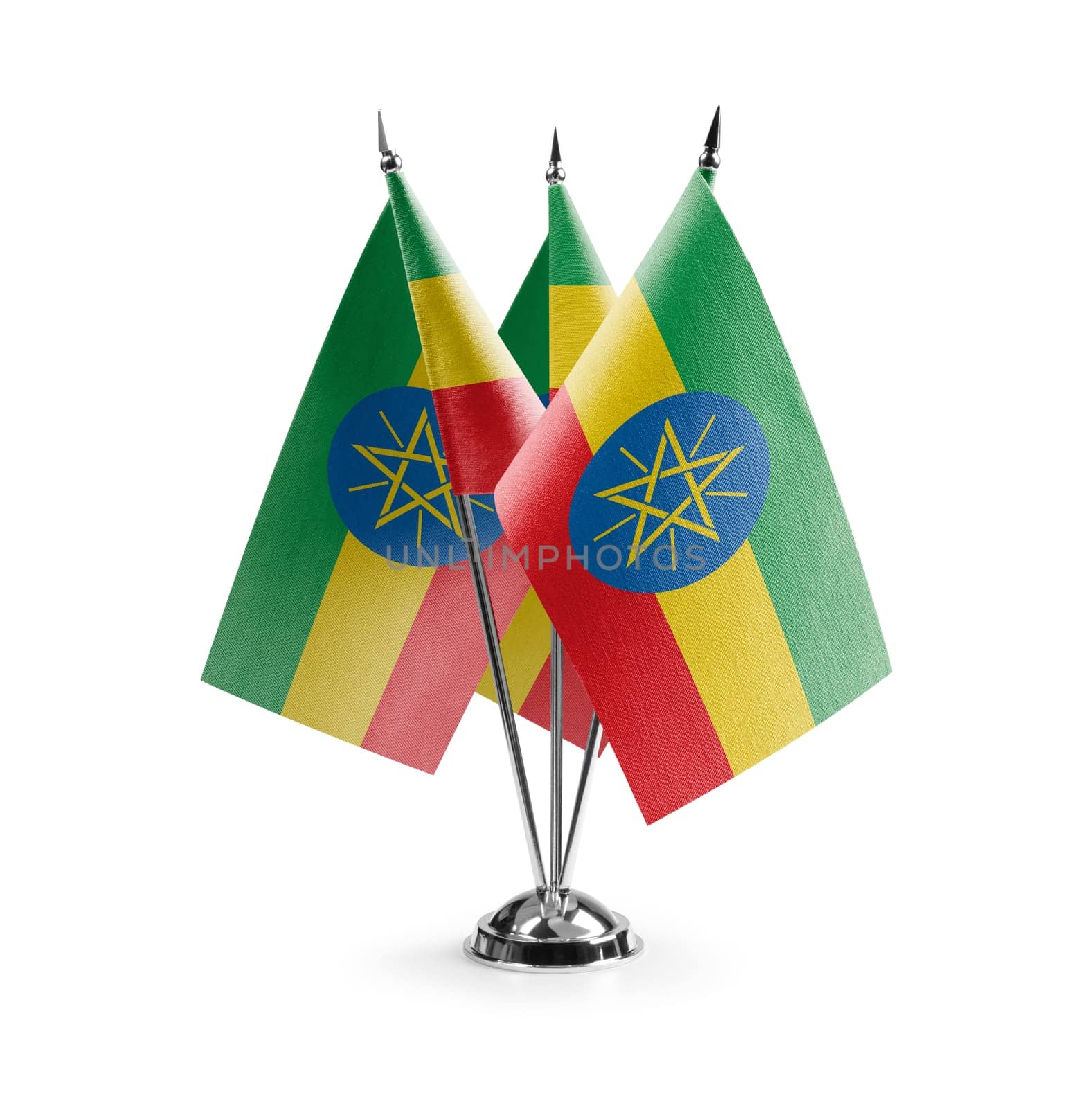 Small national flags of the Ethiopia on a white background.
