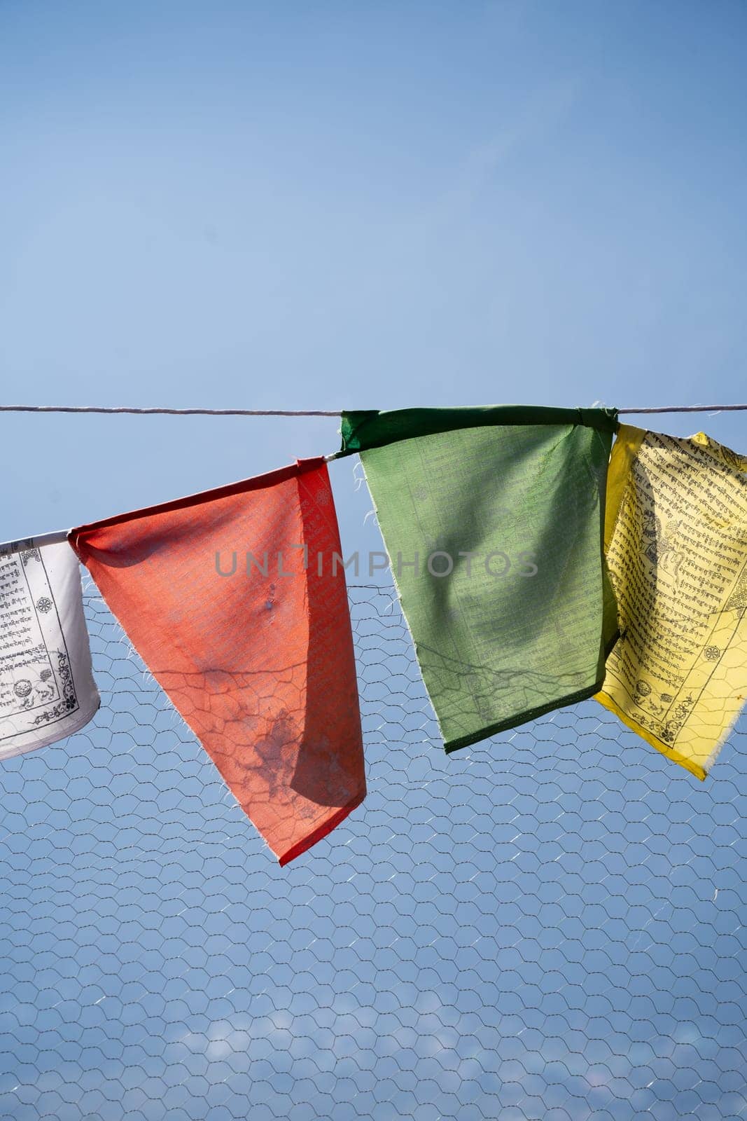 sacred religious multicolored prayer flags on fence moving in the wind showing a bhuddist prayer incantation common in hill stations in Himachal Pradesh by Shalinimathur