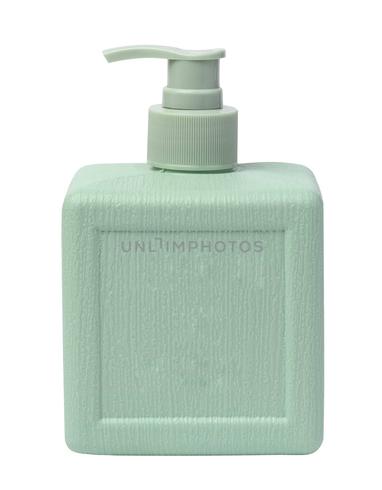 Green plastic container with a dispenser for liquid cosmetics, soap, gel, and shampoo