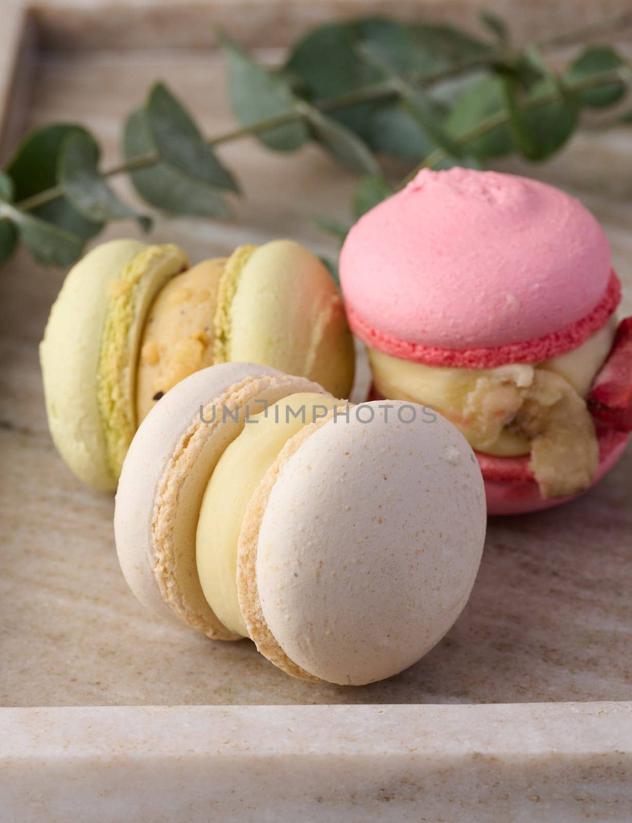 Baked macarons with different flavors on the table, dessert by ndanko