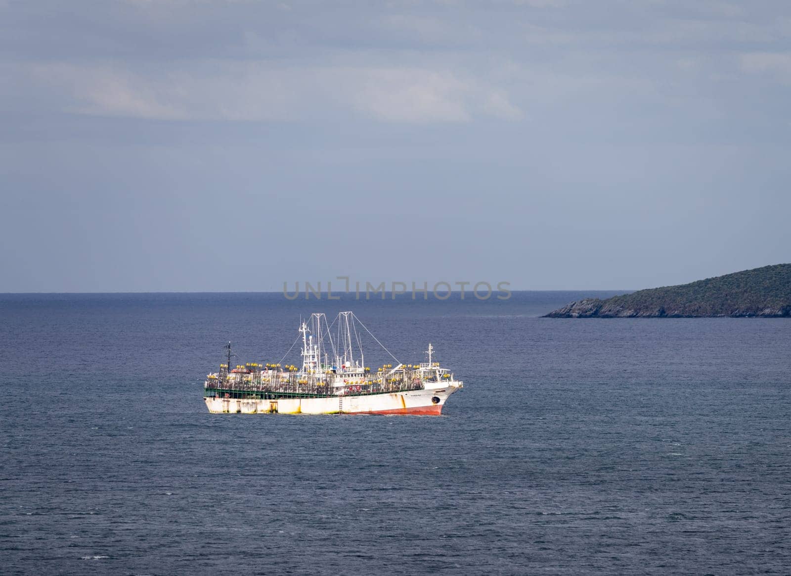 Port Stanley, Falkland Islands - 31 January 2023: Korean fishing boat equipped with electric lights for squid fishing