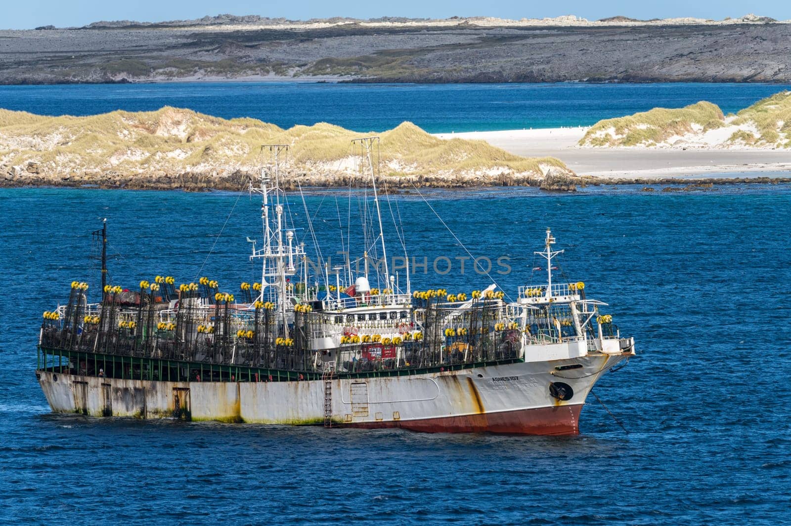Port Stanley, Falkland Islands - 31 January 2023: Korean fishing boat equipped with electric lights for squid fishing