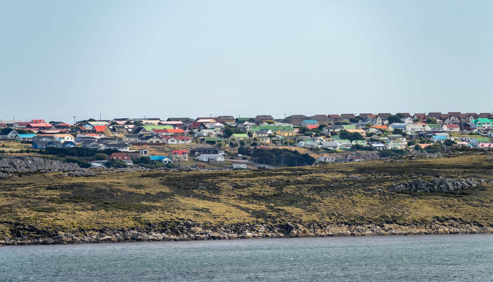 Cityscape of the town of Stanley on the Falkland Islands from the ocean