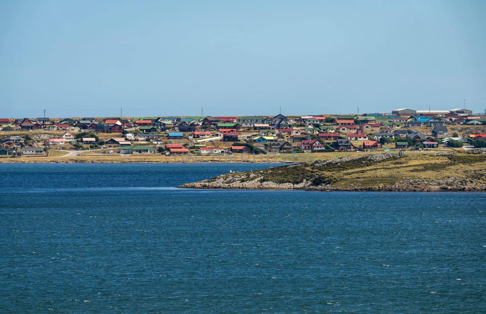 Cityscape of the town of Stanley on the Falkland Islands from the ocean