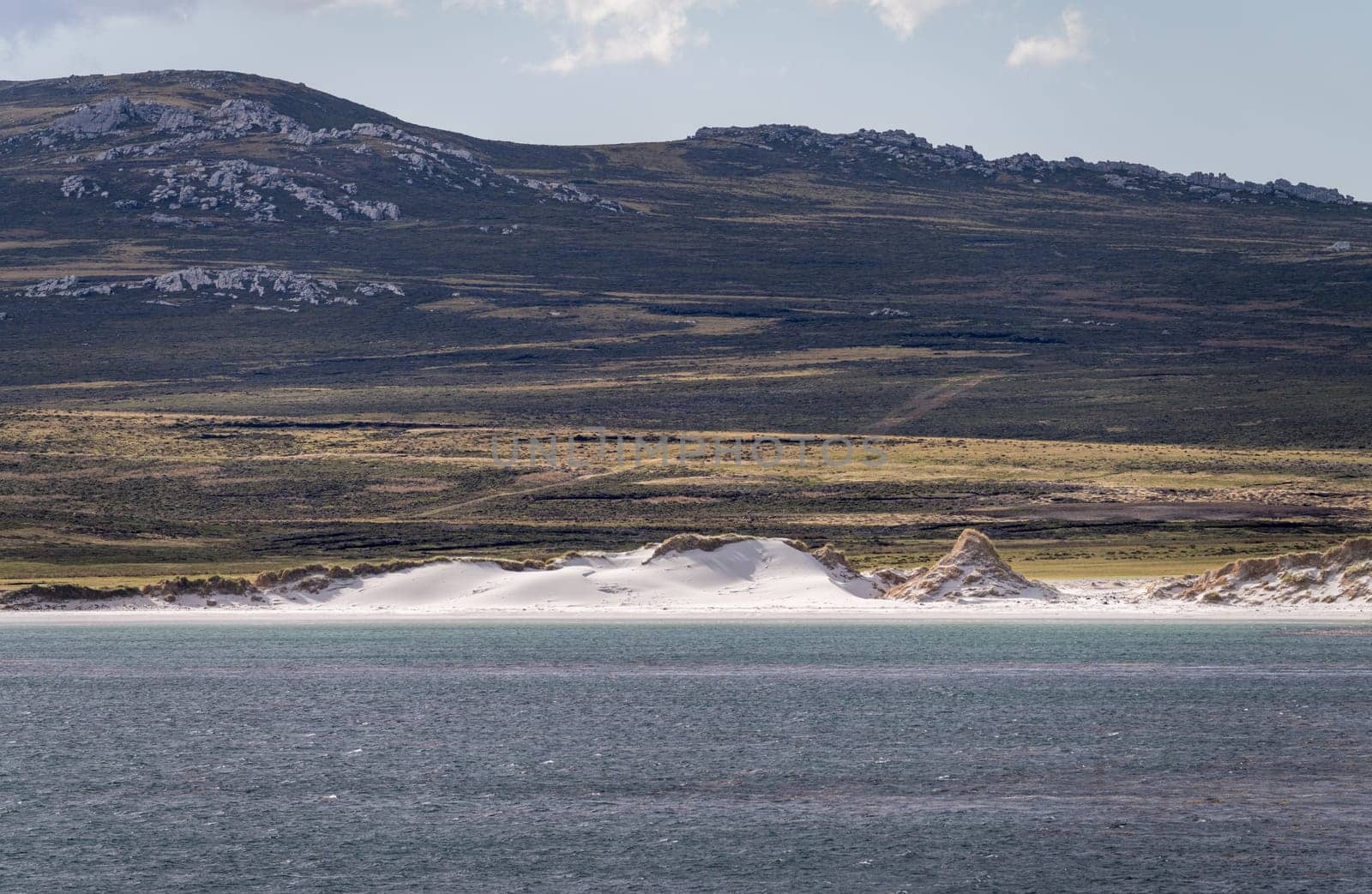 Sandy beaches and rocks when approaching the port of Stanley on the Falkland Islands from the ocean
