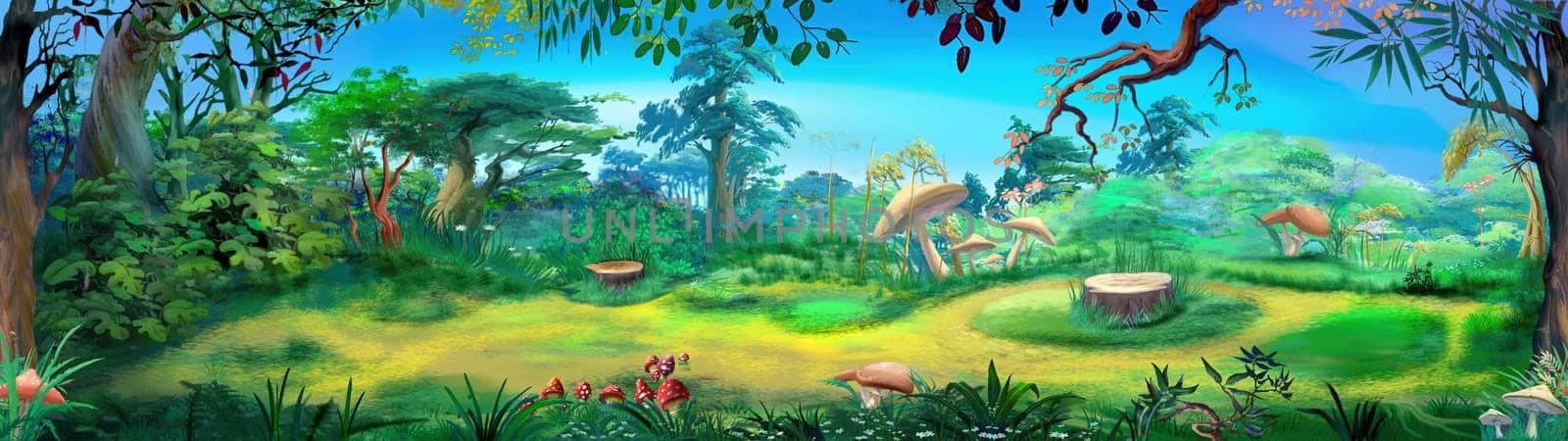 Forest glade on a summer day illustration by Multipedia