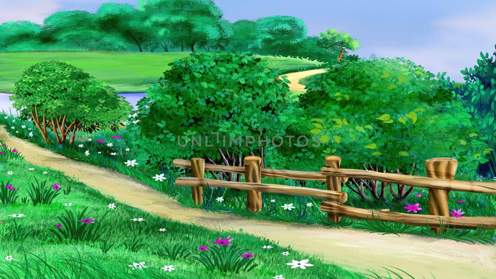 Dirt road in the village on a sunny summer day. Digital Painting Background, Illustration.