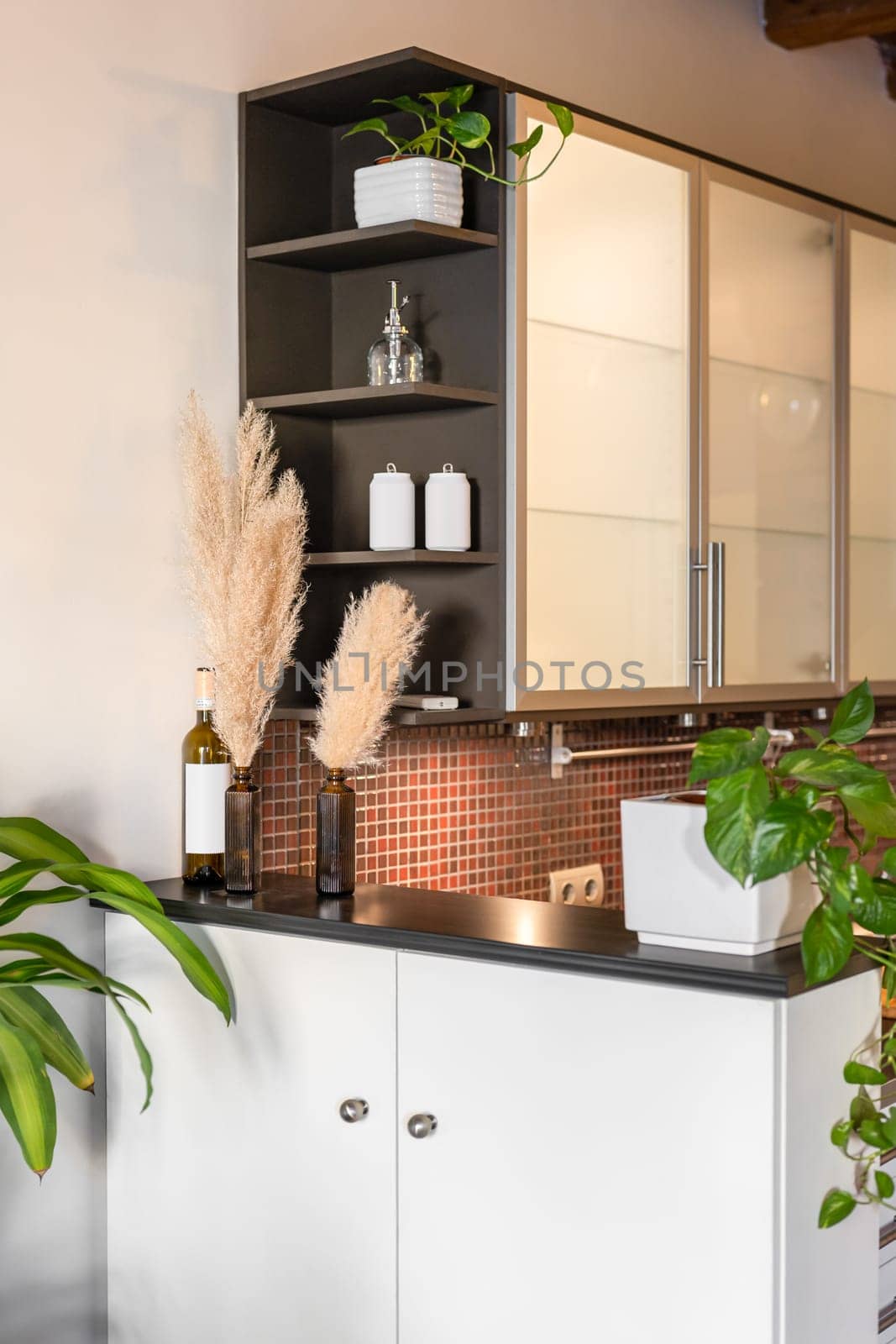 View of the mini bar with a built-in cabinet made of white painted wood in a small but cozy kitchen with plants and decor elements. Modern design in tiny spaces concept.