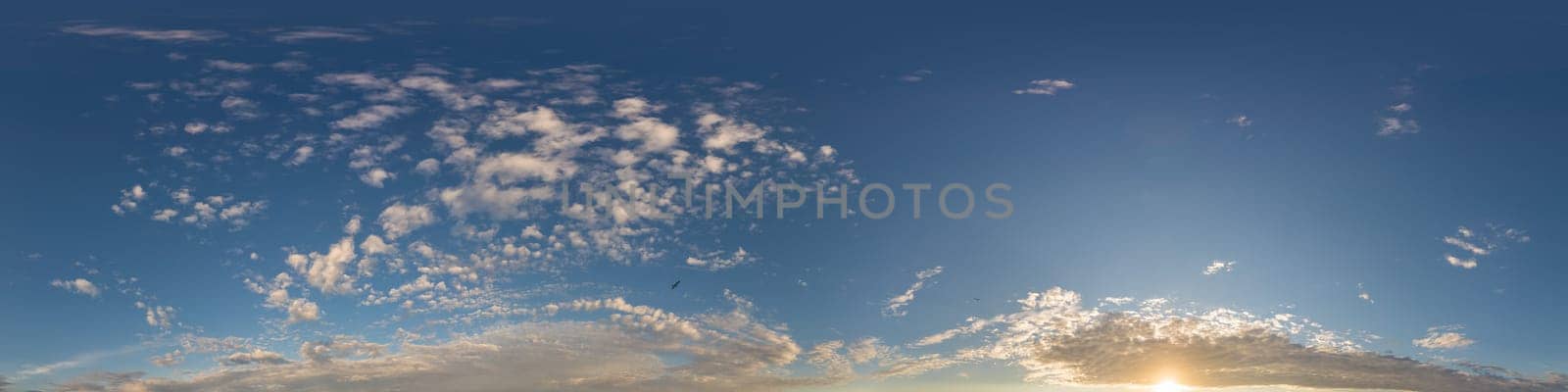 Sky panorama with Cirrus clouds in Seamless spherical equirectangular format. Full zenith for use in 3D graphics, game and editing aerial drone 360 degree panoramas for sky replacement