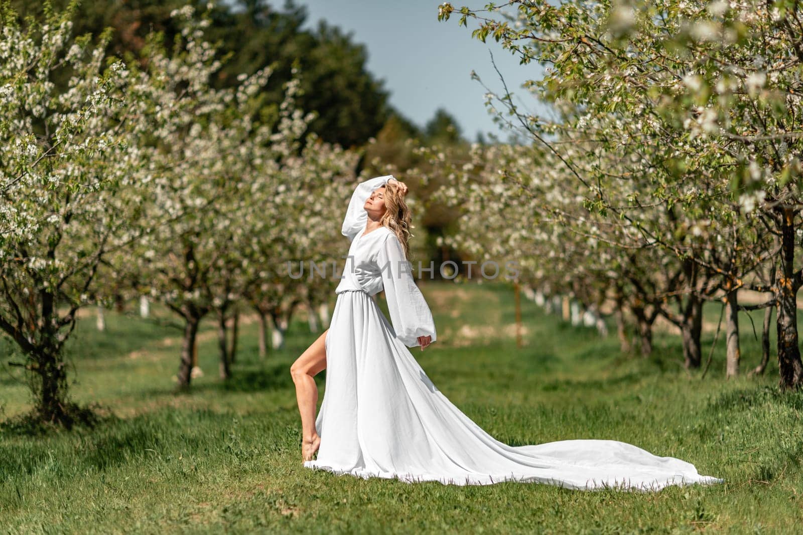 Blond blooming garden. A woman in a white dress walks through a blossoming cherry orchard. Long dress flies to the sides