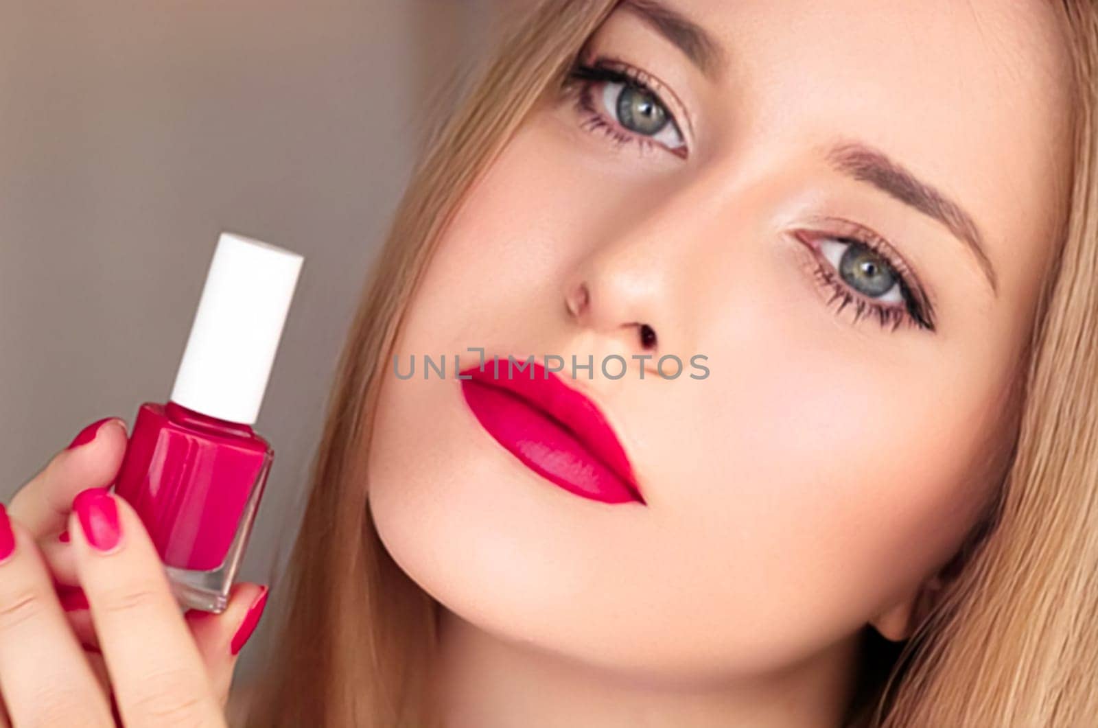 Beauty product, makeup and cosmetics, face portrait of beautiful woman with nail polish, manicure and matching pink lipstick make-up for luxury cosmetic, style and fashion by Anneleven