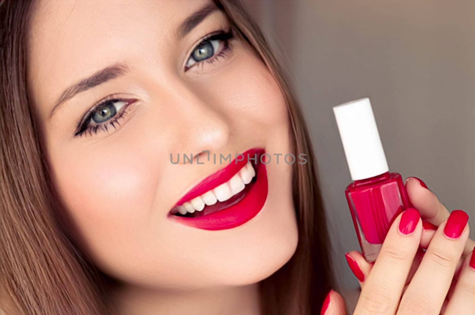 Beauty product, makeup and cosmetics, face portrait of beautiful woman with nail polish, manicure and matching red lipstick make-up for luxury cosmetic, style and fashion by Anneleven