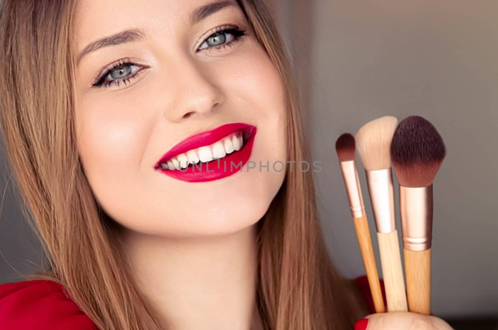 Beauty, makeup and cosmetics, face portrait of beautiful woman with make-up brushes, luxury cosmetic product, makeup artist or beauty blogger concept by Anneleven