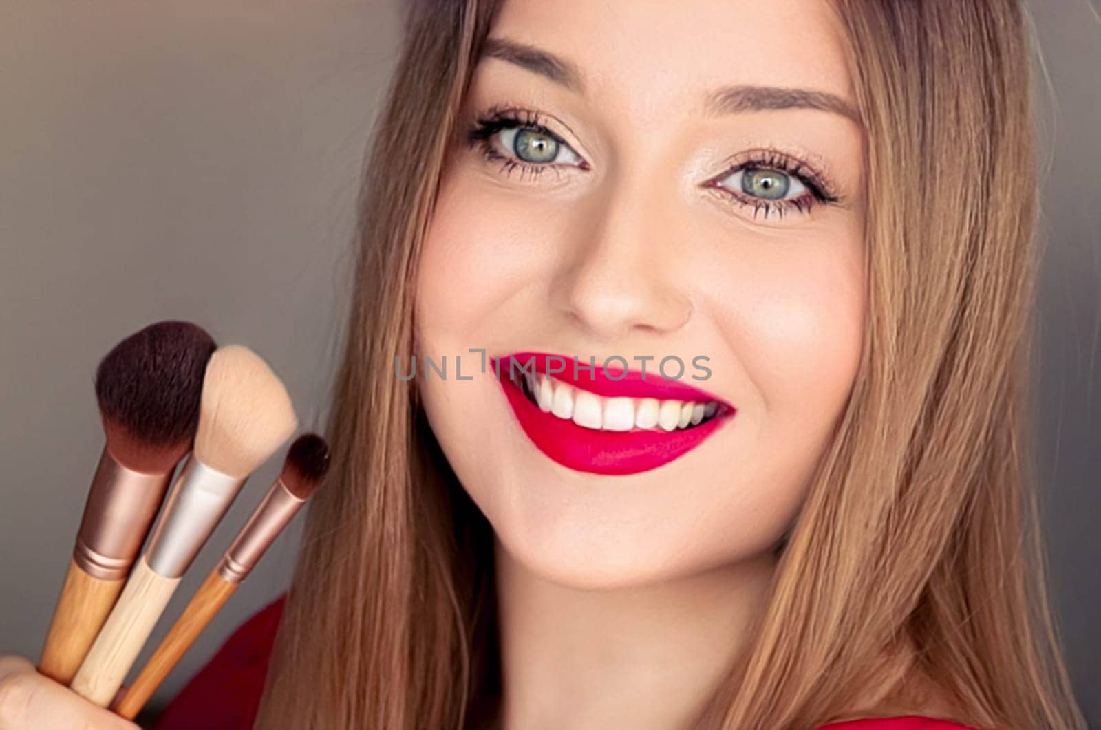 Beauty, makeup and cosmetics, face portrait of beautiful woman with make-up brushes, luxury cosmetic product, makeup artist or beauty blogger concept by Anneleven