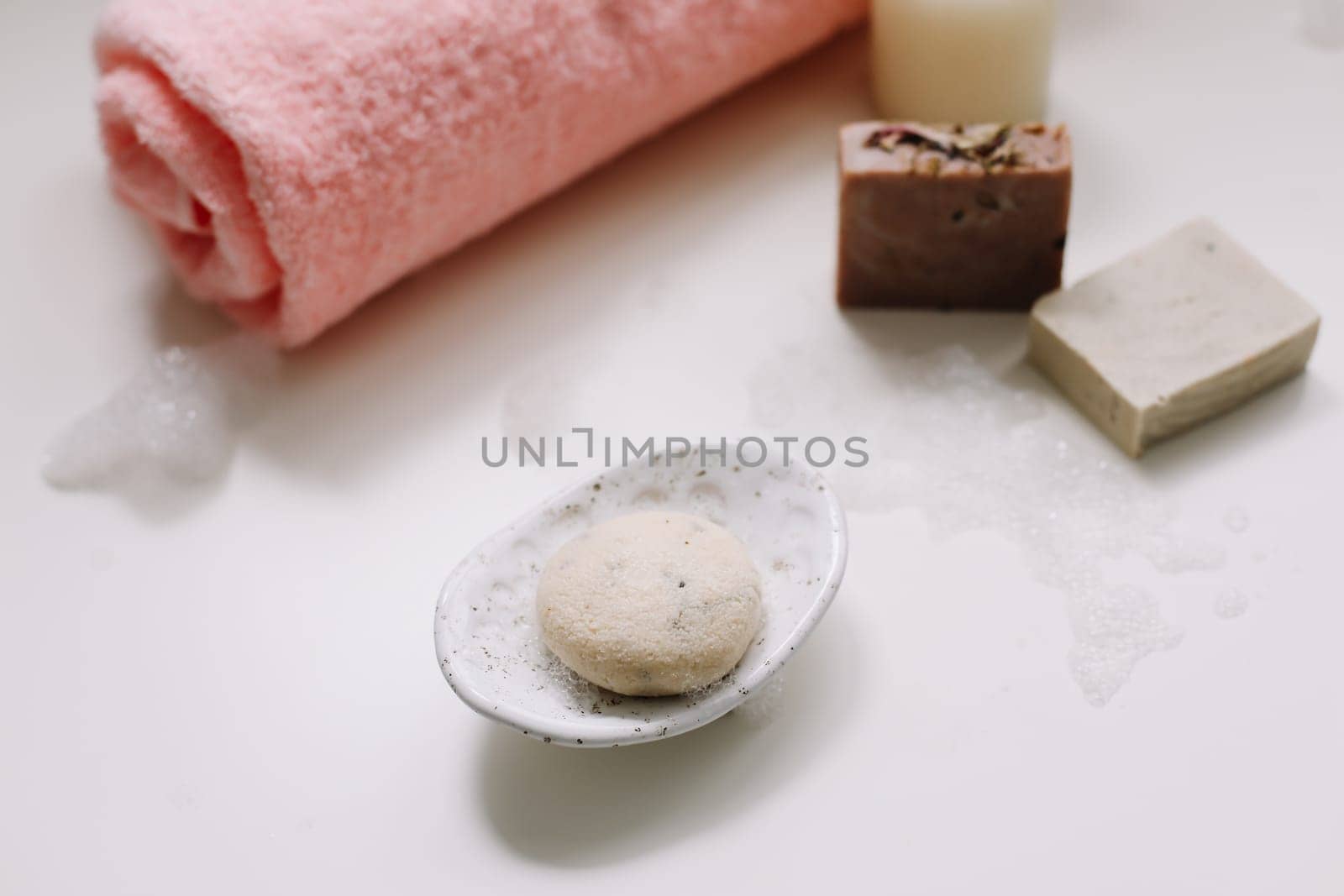 Handmade natural soap on white background. Spa natural treatments. organic natural soap, spa and wellness products