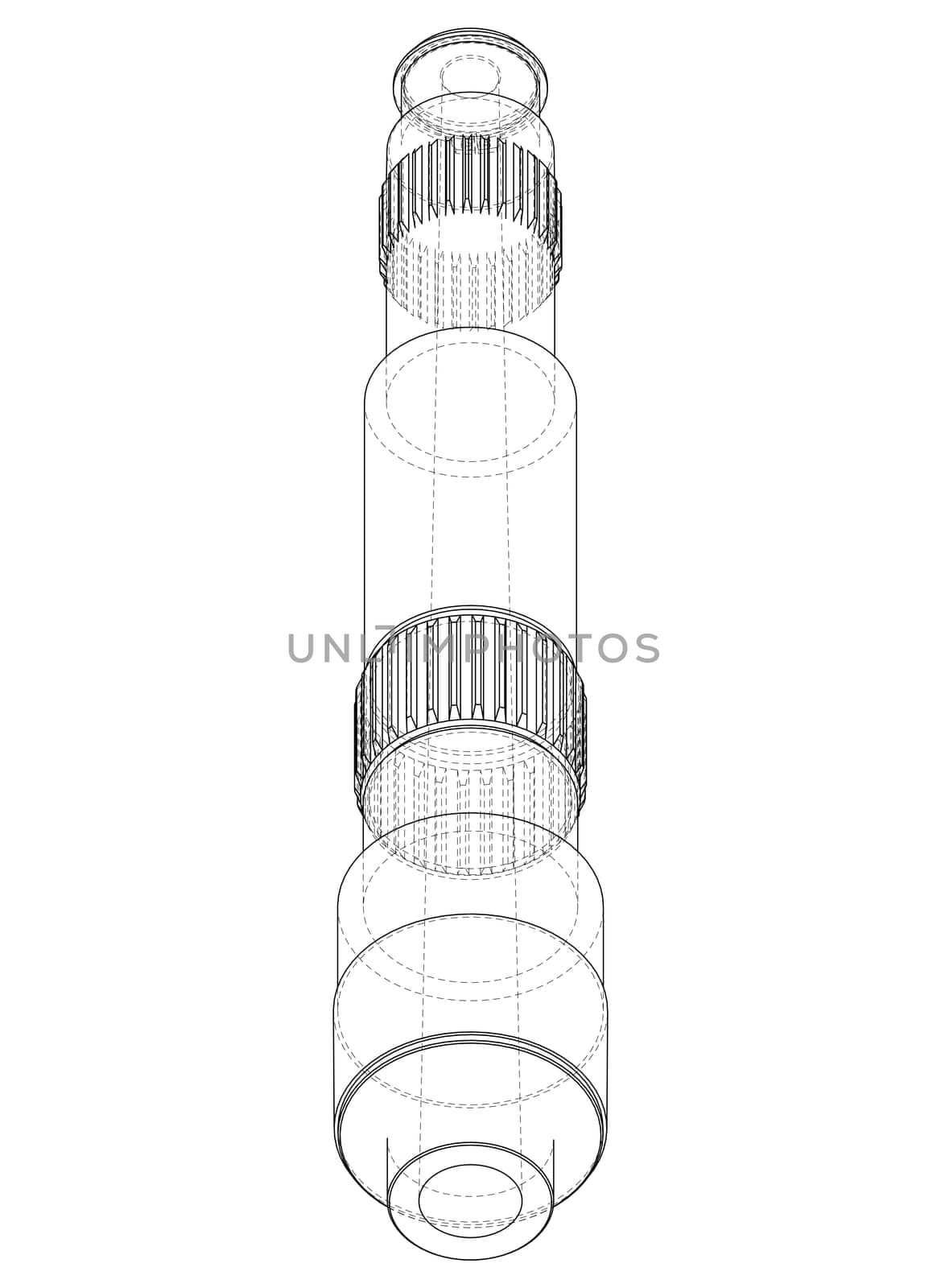 Shaft with gear wheel. 3d illustration. Wire-frame style