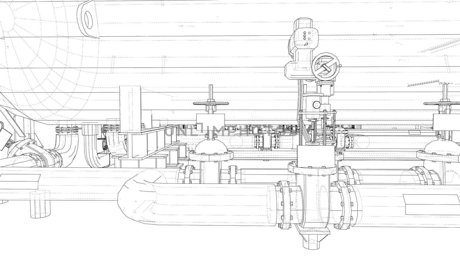 Sketch of industrial equipment. 3d illustration. Wire-frame style