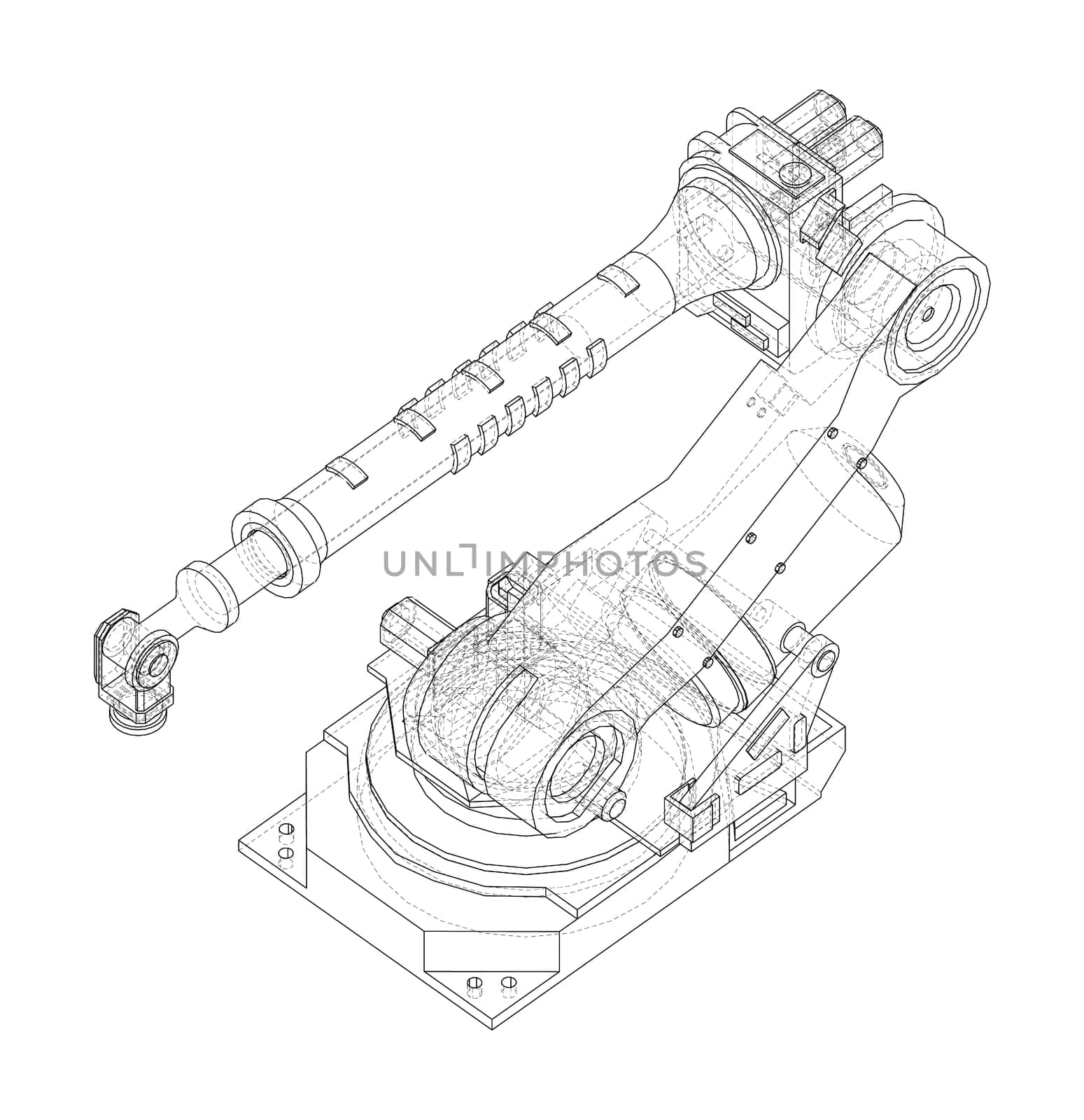 Industrial Robotic Arm. 3d illustration. Wire-frame style. Orthography