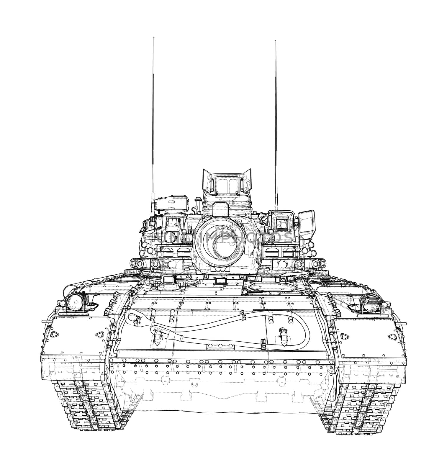 Tank on white background. 3d illustration. Wire-frame style