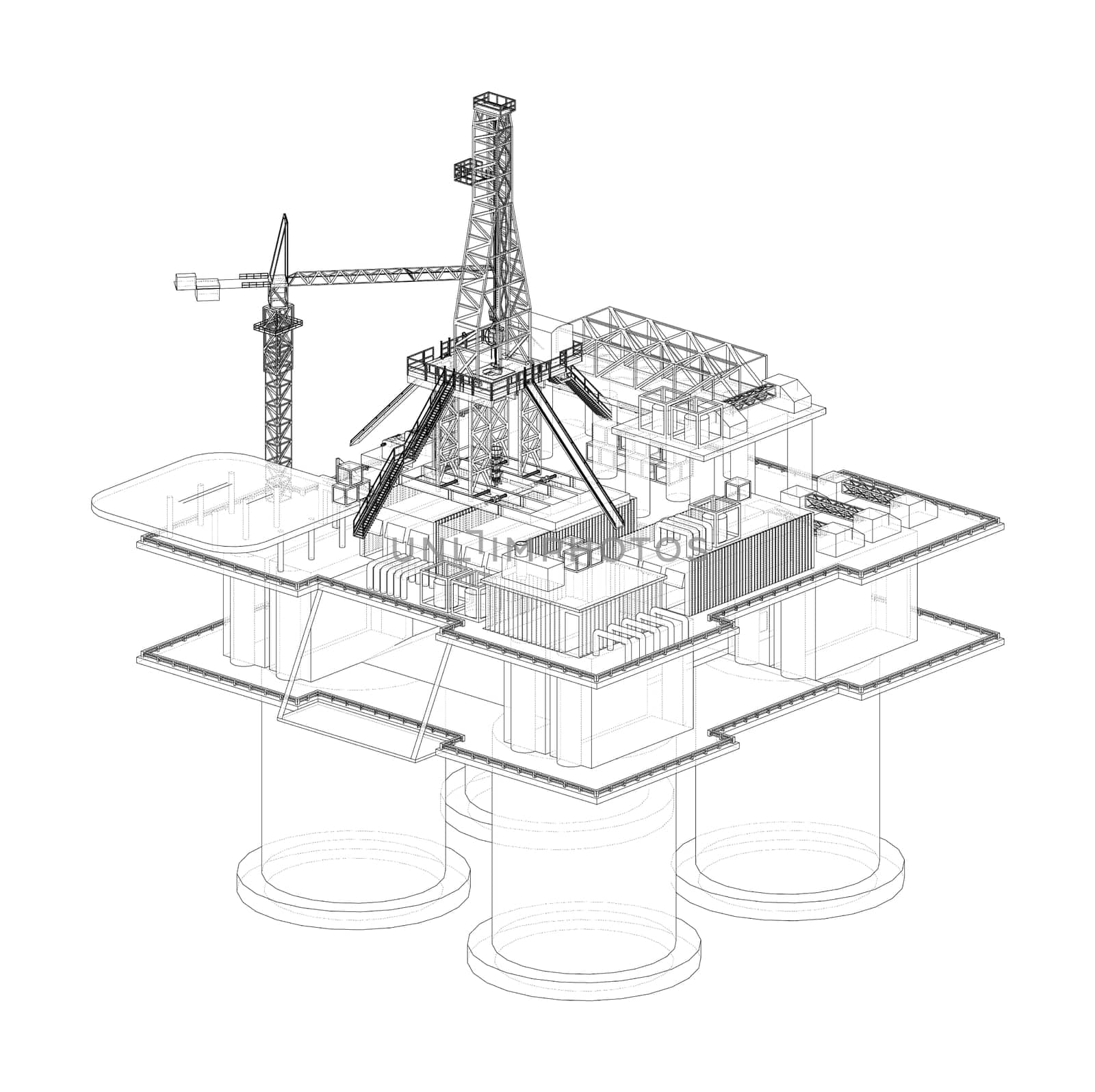 Offshore Oil Rig. 3d illustration. Wire-frame style. Orthography