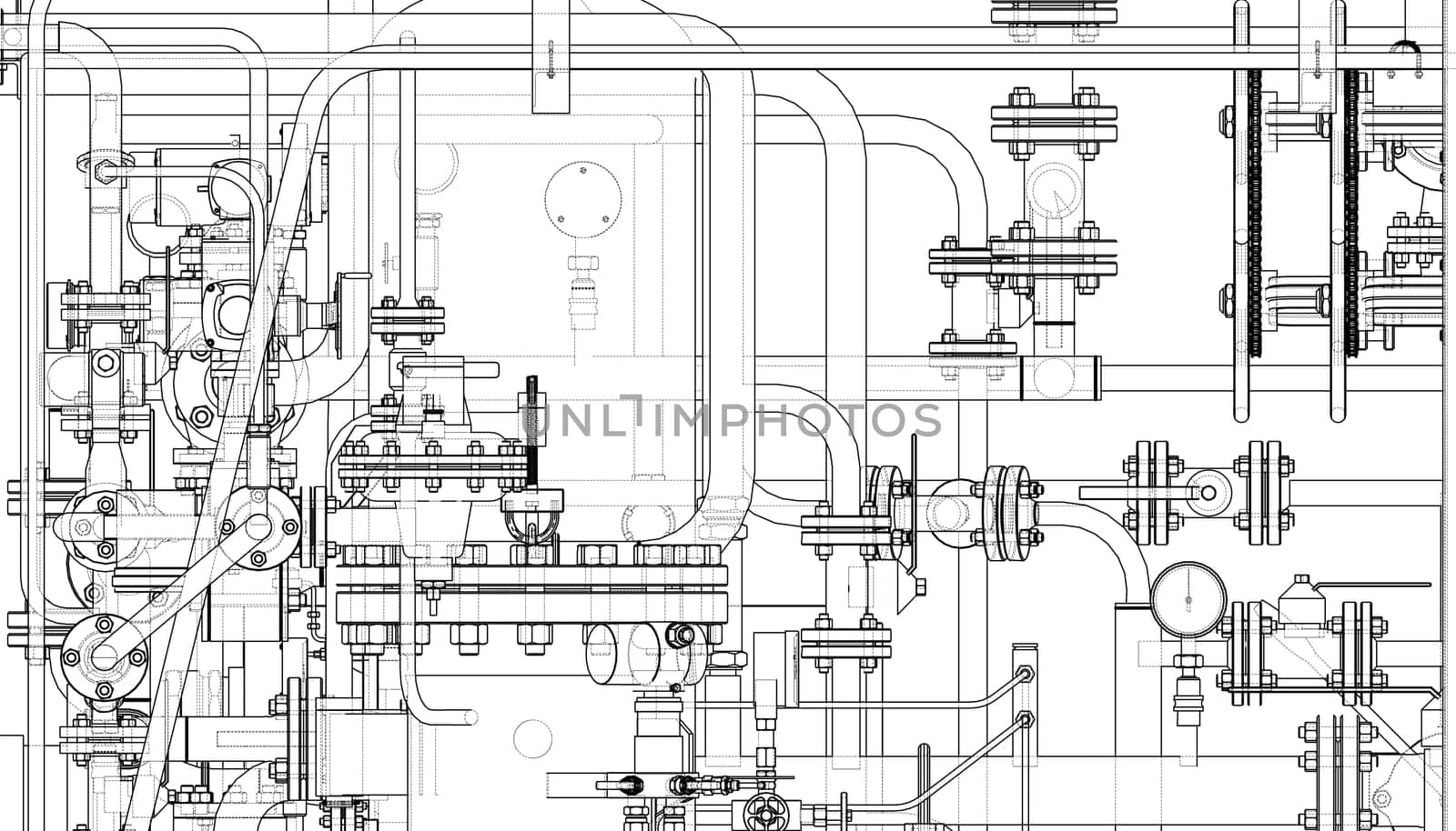 Valves and other industrial equipment. 3d illustration. Wire-frame style. Orthography