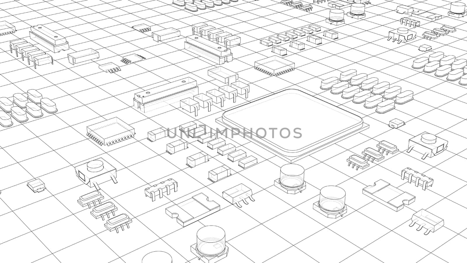 Electric circuit board, various chips and electronic components. 3d illustration. Wire-frame style