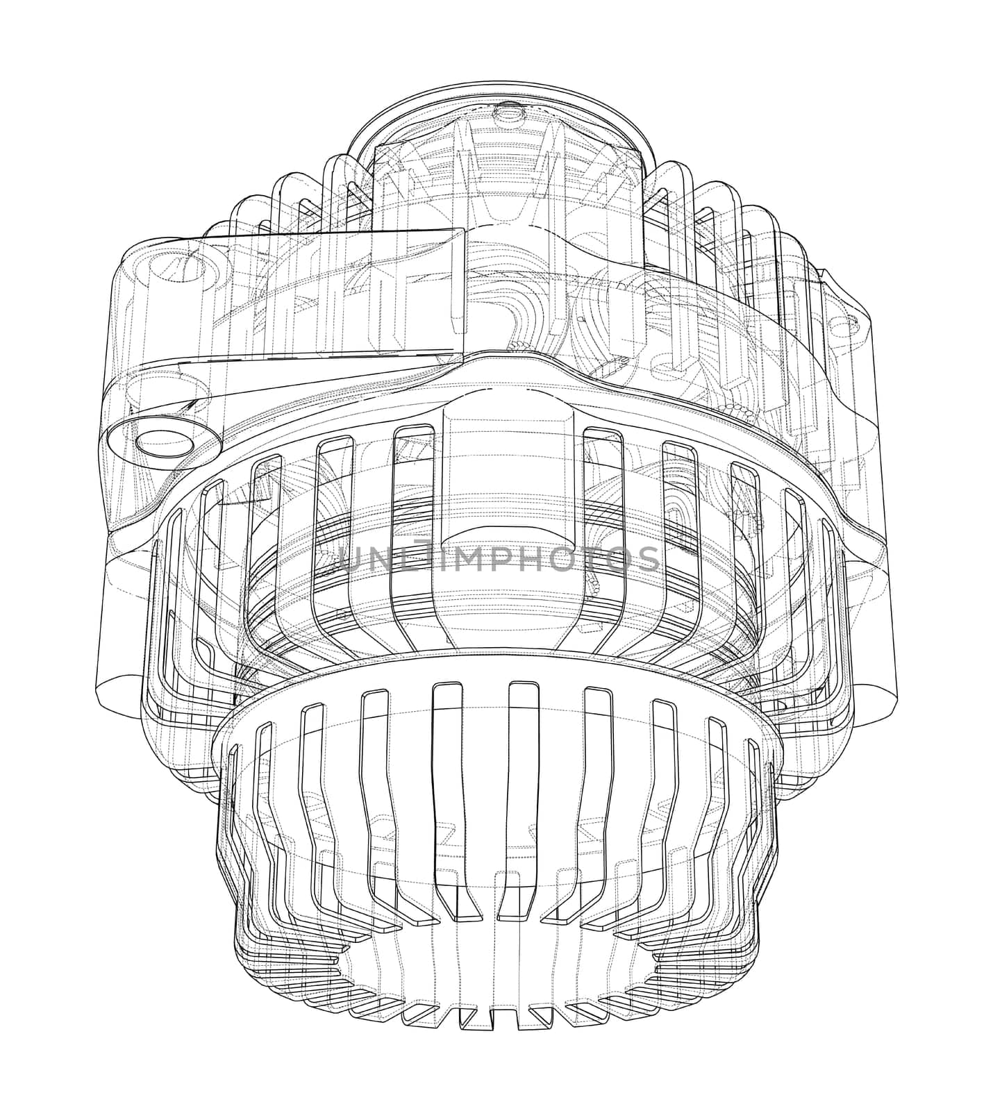 Car generator on white. 3d illustration. Wire-frame style