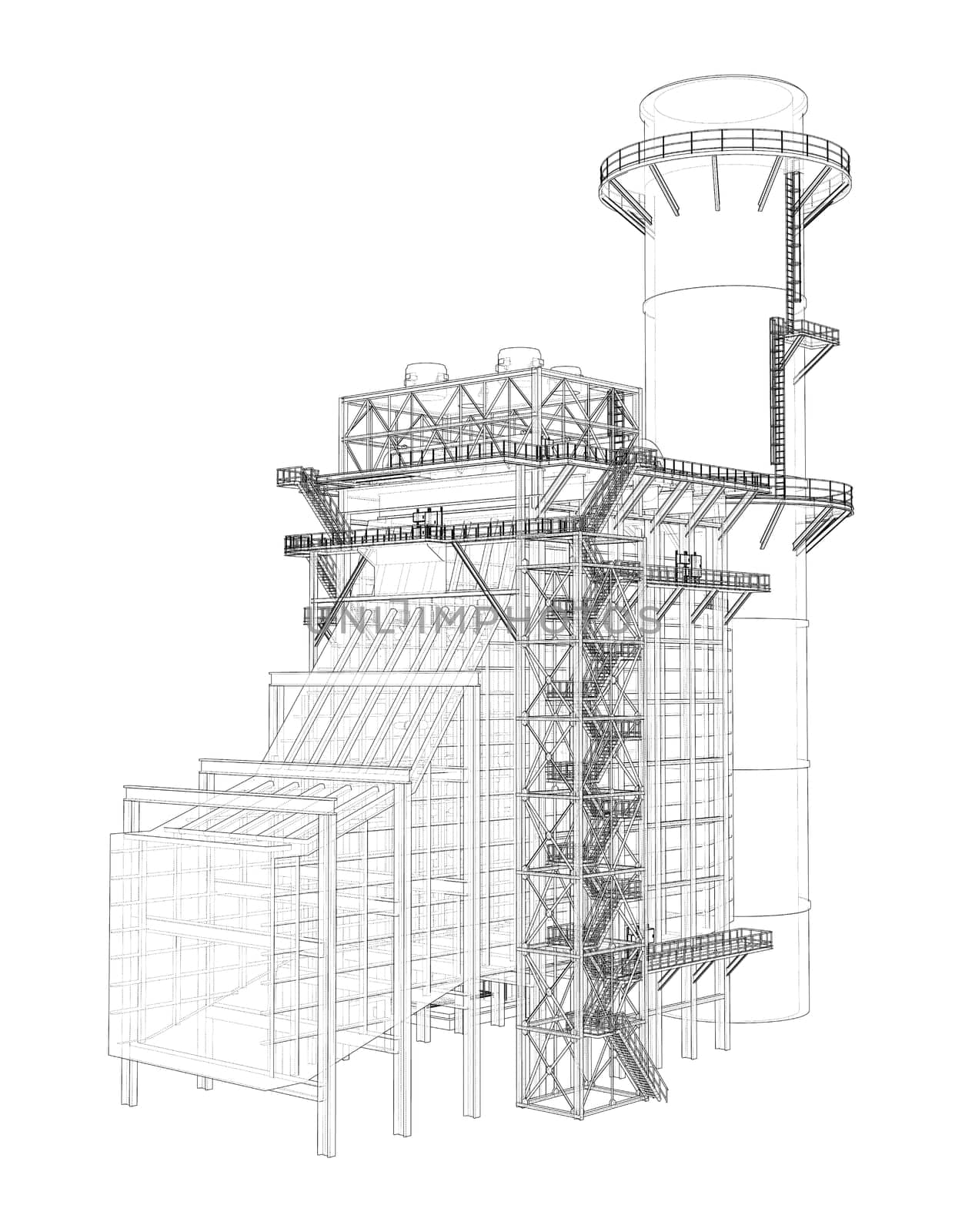 Industrial equipment. Large Industrial Furnace. 3d illustration. Wire-frame style